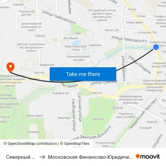 Северный Вокзал (В Центр) to Московская Финансово-Юридическая Академия. Калининградский Филиал map