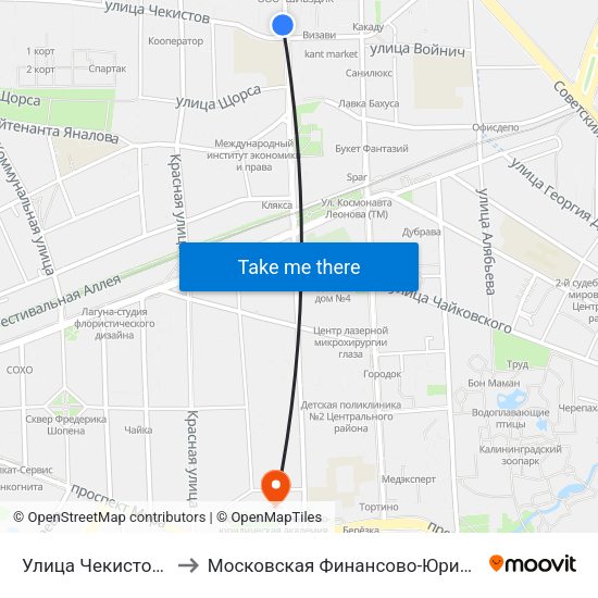 Улица Чекистов (На Ул. Комсомольской) to Московская Финансово-Юридическая Академия. Калининградский Филиал map