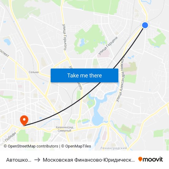 Автошкола (В Центр) to Московская Финансово-Юридическая Академия. Калининградский Филиал map