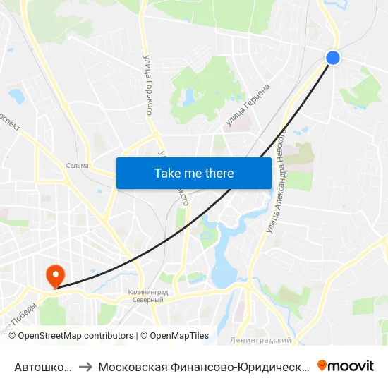 Автошкола (В Центр) to Московская Финансово-Юридическая Академия. Калининградский Филиал map