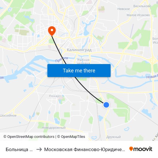 Больница №5 (Из Центра) to Московская Финансово-Юридическая Академия. Калининградский Филиал map