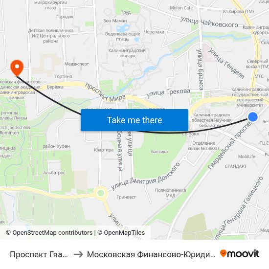 Проспект Гвардейский (Из Центра) to Московская Финансово-Юридическая Академия. Калининградский Филиал map