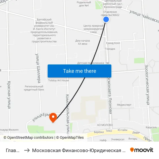 Главпочтамт to Московская Финансово-Юридическая Академия. Калининградский Филиал map