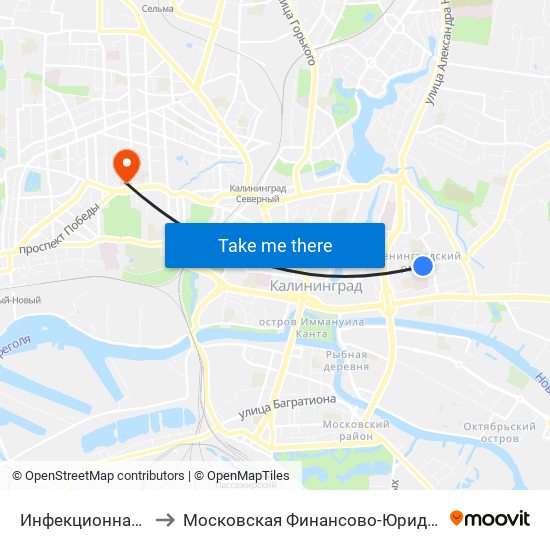 Инфекционная Больница (Из Центра) to Московская Финансово-Юридическая Академия. Калининградский Филиал map