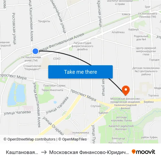 Каштановая Аллея (Из Центра) to Московская Финансово-Юридическая Академия. Калининградский Филиал map
