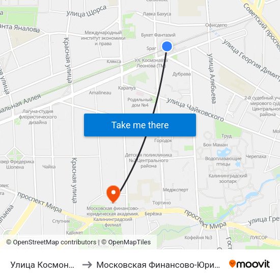 Улица Космонавта Леонова (Из Центра) to Московская Финансово-Юридическая Академия. Калининградский Филиал map