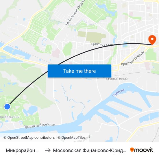 Микрорайон Прегольский (Конечная) to Московская Финансово-Юридическая Академия. Калининградский Филиал map