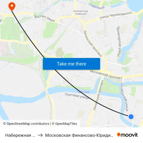 Набережная Ветеранов (В Центр) to Московская Финансово-Юридическая Академия. Калининградский Филиал map