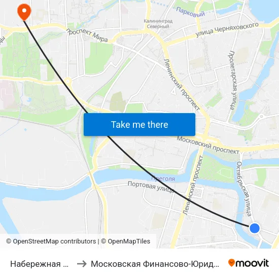 Набережная Ветеранов (Из Центра) to Московская Финансово-Юридическая Академия. Калининградский Филиал map