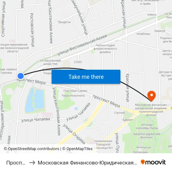Проспект Мира to Московская Финансово-Юридическая Академия. Калининградский Филиал map