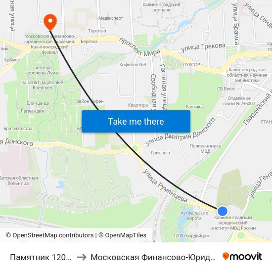 Памятник 1200 Гвардейцев (В Центр) to Московская Финансово-Юридическая Академия. Калининградский Филиал map
