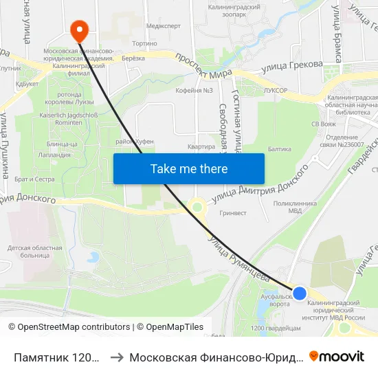Памятник 1200 Гвардейцев (Из Центра) to Московская Финансово-Юридическая Академия. Калининградский Филиал map