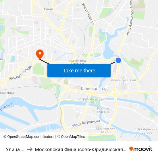 Улица 9 Апреля to Московская Финансово-Юридическая Академия. Калининградский Филиал map