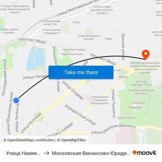 Улица Нахимова (На Ул. Энгельса) to Московская Финансово-Юридическая Академия. Калининградский Филиал map
