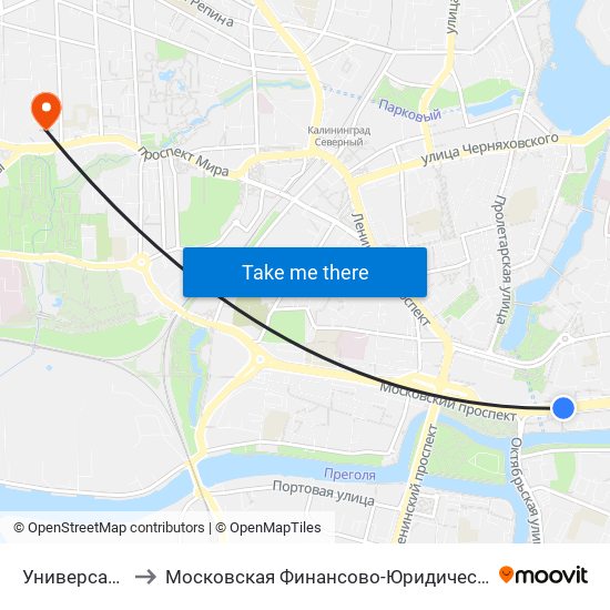 Универсам Московский to Московская Финансово-Юридическая Академия. Калининградский Филиал map