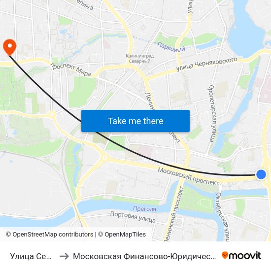 Улица Сергея Тюленина to Московская Финансово-Юридическая Академия. Калининградский Филиал map