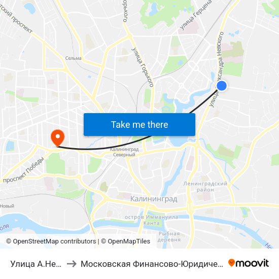 Улица А.Невского (В Центр) to Московская Финансово-Юридическая Академия. Калининградский Филиал map