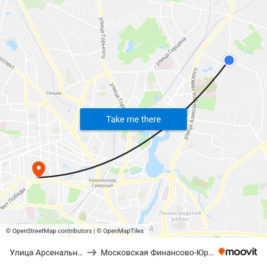 Улица Арсенальная (На Ул. Пехотная, Из Центра) to Московская Финансово-Юридическая Академия. Калининградский Филиал map