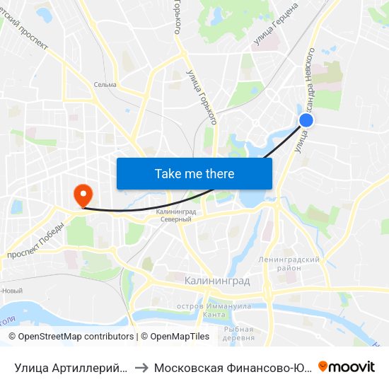Улица Артиллерийская (На Ул. А. Невского, Из Центра) to Московская Финансово-Юридическая Академия. Калининградский Филиал map