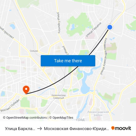 Улица Барклая Де Толли ( В Центр) to Московская Финансово-Юридическая Академия. Калининградский Филиал map