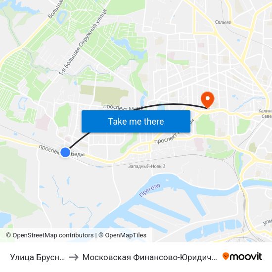 Улица Брусничная (Из Центра) to Московская Финансово-Юридическая Академия. Калининградский Филиал map