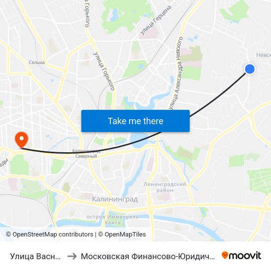 Улица Васнецова (Из Центра) to Московская Финансово-Юридическая Академия. Калининградский Филиал map