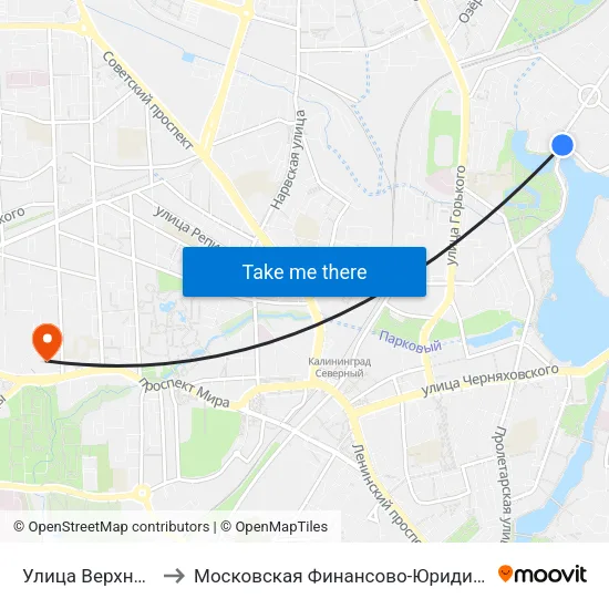 Улица Верхнеозерная (Из Центра) to Московская Финансово-Юридическая Академия. Калининградский Филиал map