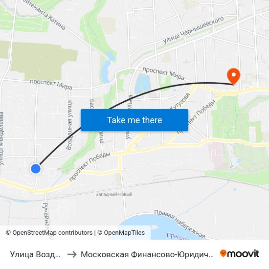 Улица Воздушная (Из Центра) to Московская Финансово-Юридическая Академия. Калининградский Филиал map