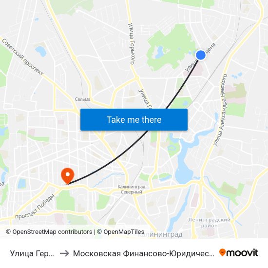 Улица Герцена (В Центр) to Московская Финансово-Юридическая Академия. Калининградский Филиал map