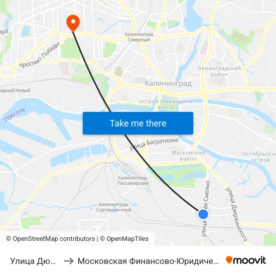 Улица Дюнная (Конечная) to Московская Финансово-Юридическая Академия. Калининградский Филиал map