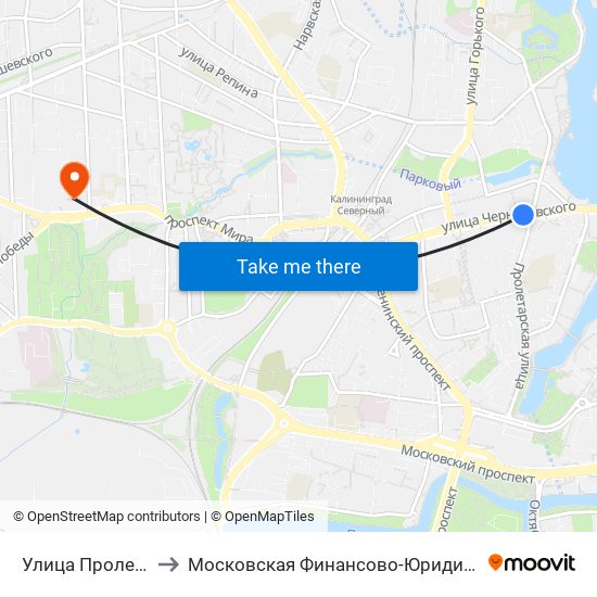 Улица Пролетарская (Из Центра) to Московская Финансово-Юридическая Академия. Калининградский Филиал map