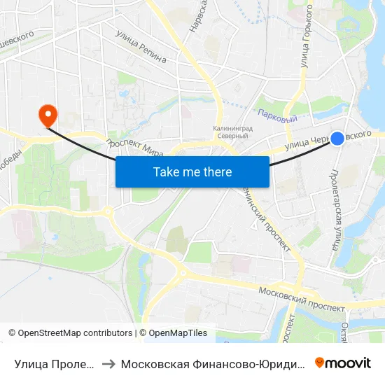 Улица Пролетарская (Из Центра) to Московская Финансово-Юридическая Академия. Калининградский Филиал map