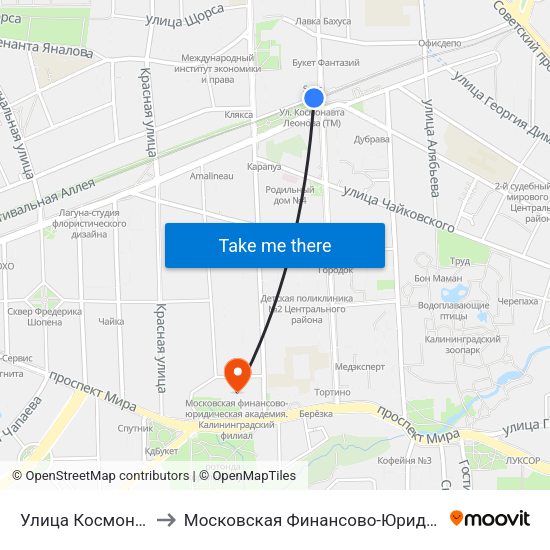 Улица Космонавта Леонова (В Центр) to Московская Финансово-Юридическая Академия. Калининградский Филиал map