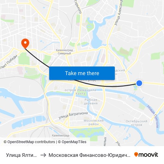 Улица Ялтинская (Из Центра) to Московская Финансово-Юридическая Академия. Калининградский Филиал map