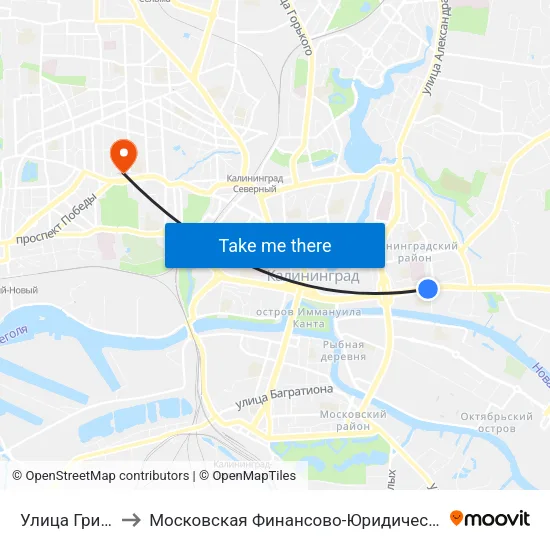 Улица Грига (Из Центра) to Московская Финансово-Юридическая Академия. Калининградский Филиал map