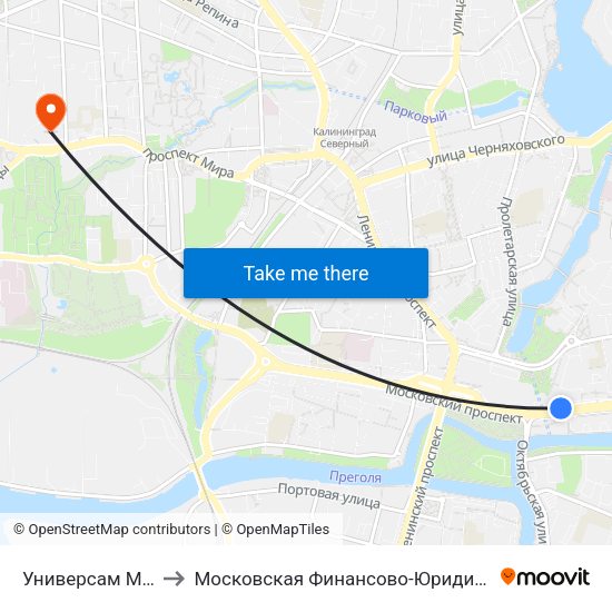 Универсам Московский (В Центр) to Московская Финансово-Юридическая Академия. Калининградский Филиал map