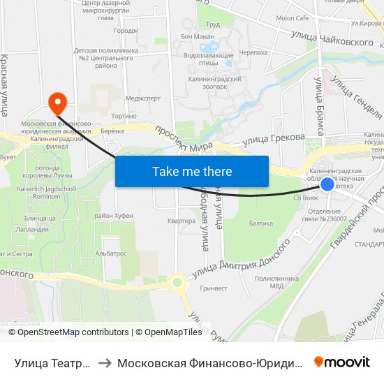 Улица Театральная (Из Центра) to Московская Финансово-Юридическая Академия. Калининградский Филиал map