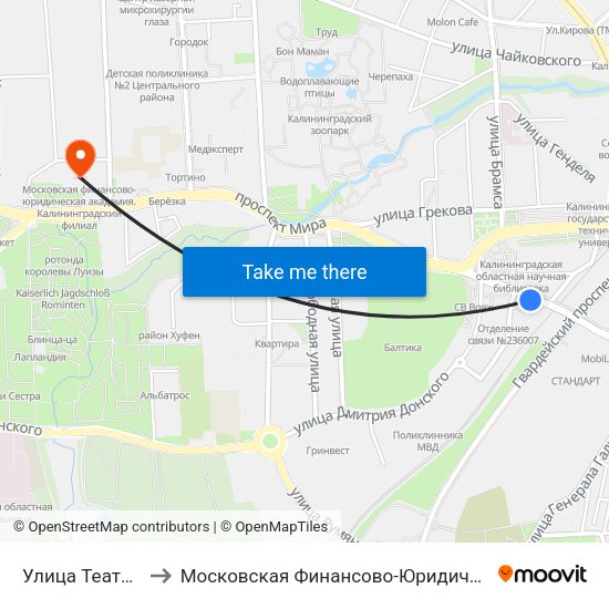 Улица Театральная (В Центр) to Московская Финансово-Юридическая Академия. Калининградский Филиал map
