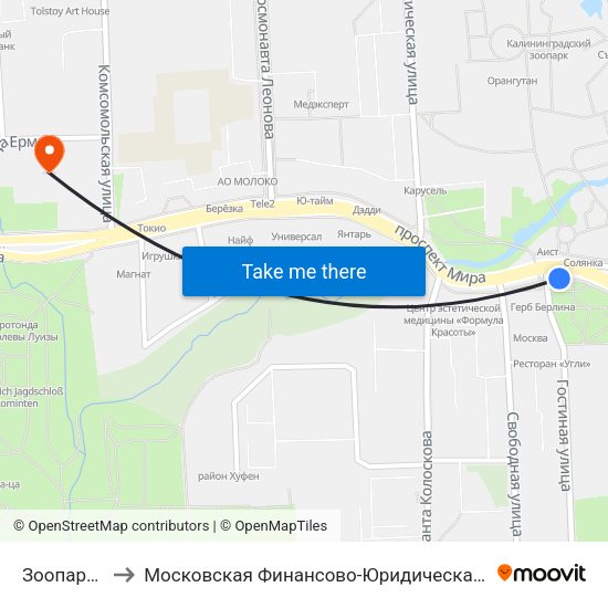 Зоопарк (В Центр) to Московская Финансово-Юридическая Академия. Калининградский Филиал map