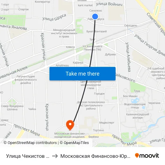 Улица Чекистов (На Ул. Космонавта Леонова) to Московская Финансово-Юридическая Академия. Калининградский Филиал map