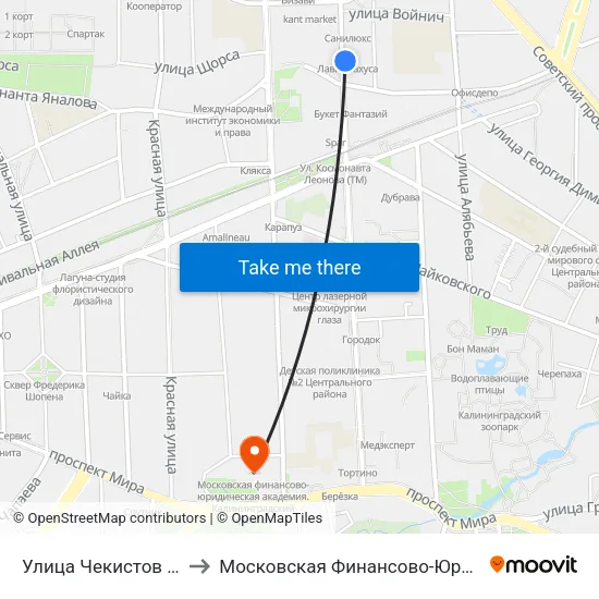 Улица Чекистов (На Ул. Космонавта Леонова) to Московская Финансово-Юридическая Академия. Калининградский Филиал map