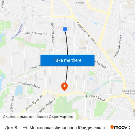 Дом Ветеранов to Московская Финансово-Юридическая Академия. Калининградский Филиал map