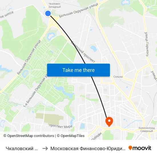 Чкаловский Поворот (Троллейбус) to Московская Финансово-Юридическая Академия. Калининградский Филиал map