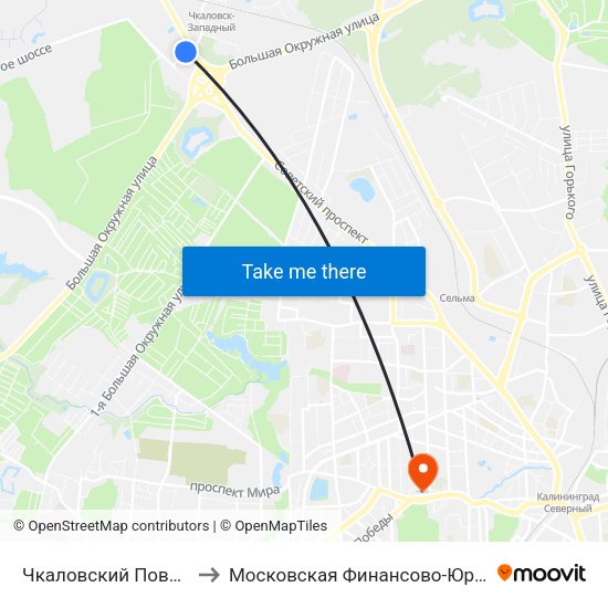 Чкаловский Поворот (Для Маршрутов Троллеев) to Московская Финансово-Юридическая Академия. Калининградский Филиал map