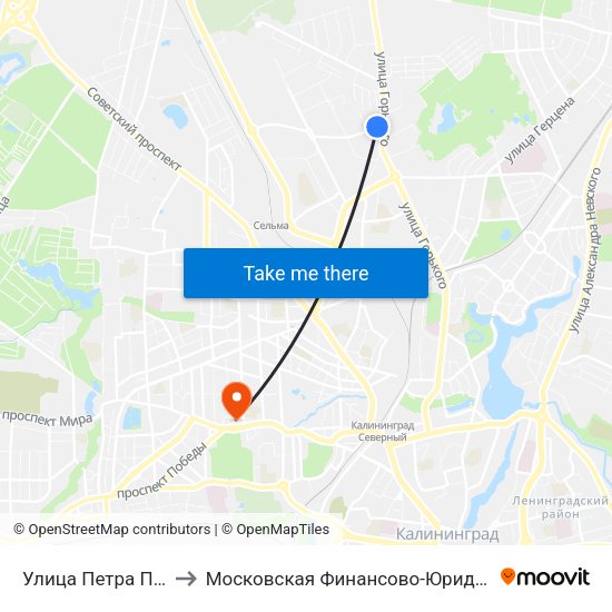 Улица Петра Панина (По Требованию) to Московская Финансово-Юридическая Академия. Калининградский Филиал map