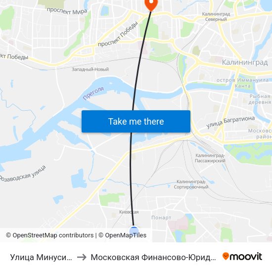 Улица Минусинская (По Требованию) to Московская Финансово-Юридическая Академия. Калининградский Филиал map