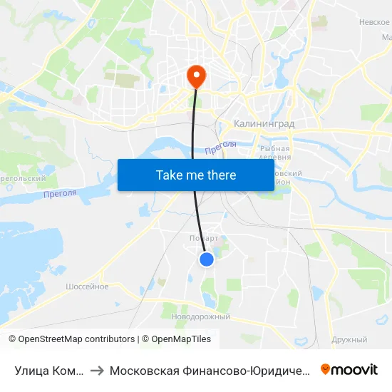 Улица Коммунистическая to Московская Финансово-Юридическая Академия. Калининградский Филиал map