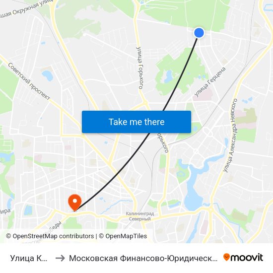 Улица Клары Цеткин to Московская Финансово-Юридическая Академия. Калининградский Филиал map