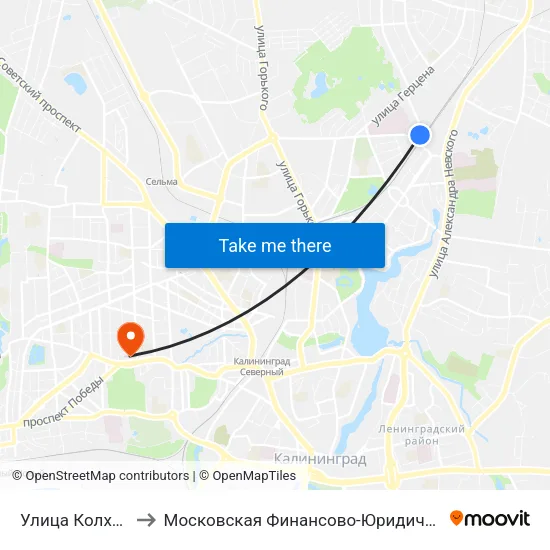 Улица Колхозная (Из Центра) to Московская Финансово-Юридическая Академия. Калининградский Филиал map