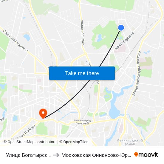 Улица Богатырская (По Требованию, Из Центра) to Московская Финансово-Юридическая Академия. Калининградский Филиал map